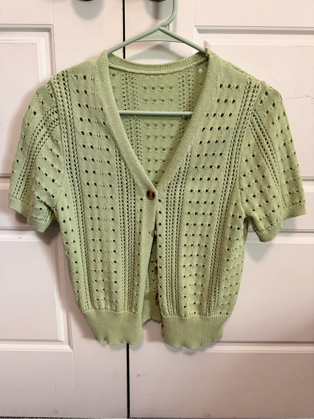Light Green Eyelet Knit Short-Sleeve Cardigan